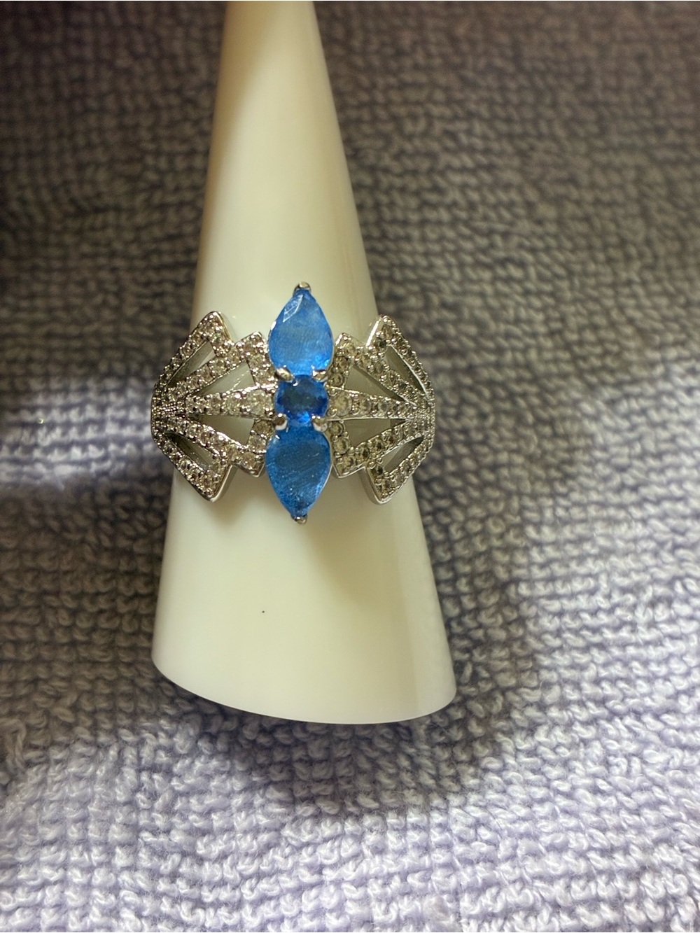 Silver Ring with Blue Marquise and Round Gemstones